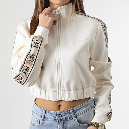 Guess Veste Zippée Crop Femme A Bandes V3RQ12-KA3P1 Beige