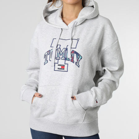 Tommy Jeans - Sudadera de mujer con capucha Relaxed Tartan 4870 Heather Grey