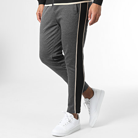 Frilivin - Set pantaloni da jogging e giacca con zip a righe BM1692 Grigio antracite Beige