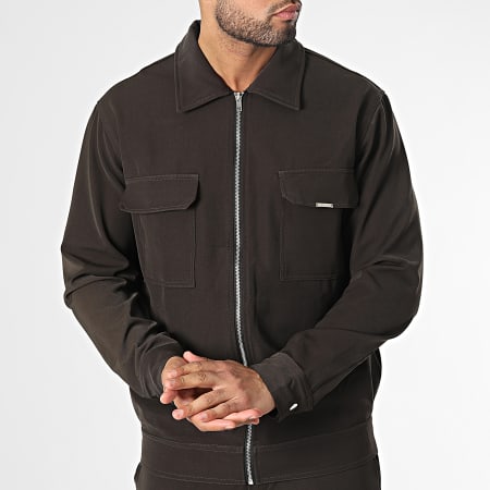 Frilivin - Conjunto de chaqueta con cremallera y pantalón cargo marrón oscuro