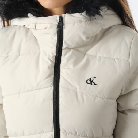 Calvin Klein - Abrigo largo con capucha de piel para mujer 9825 Beige Negro