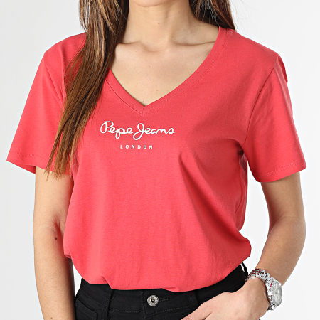 Pepe Jeans - Tee Shirt Col V Femme Wendy Rouge