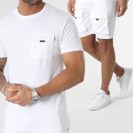 Zayne Paris  - E392 Conjunto de camiseta blanca con bolsillos y pantalón corto tipo cargo