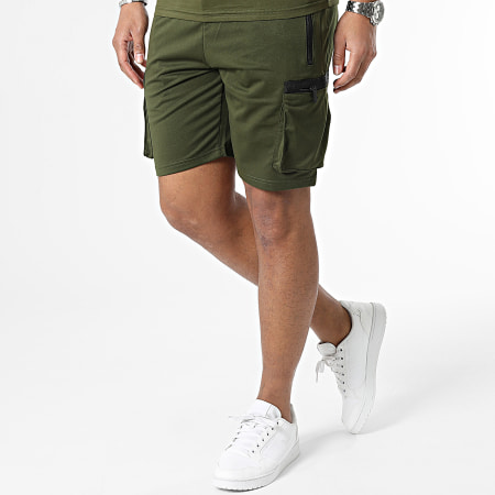 Zayne Paris  - E408 Conjunto de camiseta con bolsillos y pantalón corto tipo cargo verde caqui
