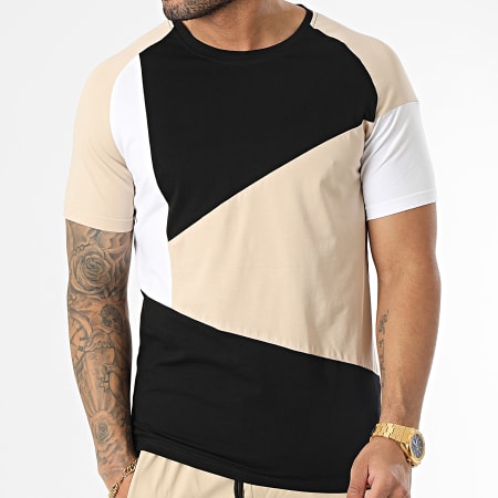Zayne Paris  - E386 Set di maglietta e pantaloncini da jogging neri, beige e bianchi