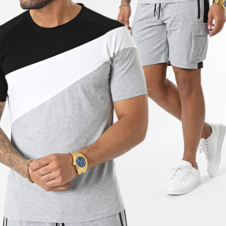 Zayne Paris  - E396 Set di maglietta e pantaloncini da jogging grigio screziato, bianco e nero