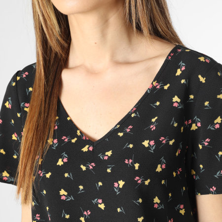 Noisy May - Tee Shirt Crop Col V Femme Lara Noir Floral
