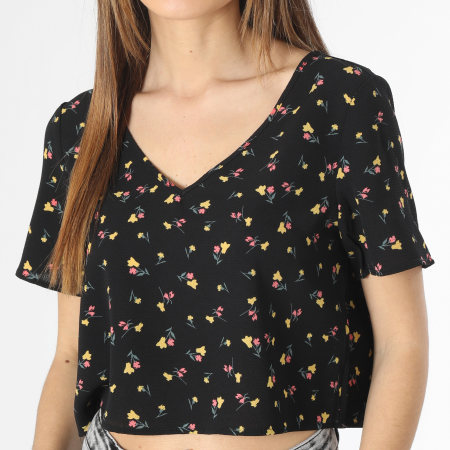 Noisy May - Tee Shirt Crop Col V Femme Lara Noir Floral