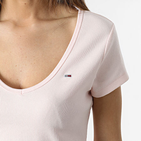 Tommy Jeans - Tee Shirt Col V Femme Essential Rib 4877 Rose