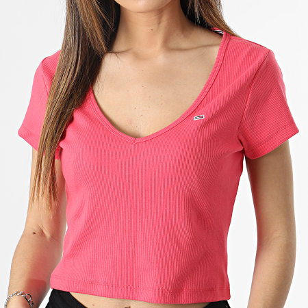 Tommy Jeans - Camiseta de mujer Essential Rib con cuello en V 4877 Rosa