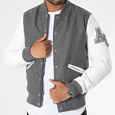 Blouson universitaire pour homme Baseball Letterman Bomber School Collage Laine gris clair et manches en cuir véritable blanc, Gris pâle