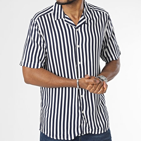 Only And Sons - Chemise Manches Courtes A Rayures Wayne Life Blanc Bleu Marine