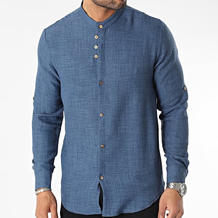 Frilivin - Camisa azul de manga larga con cuello mao