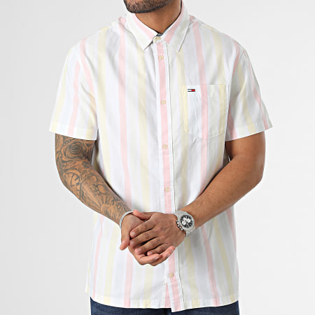 Tommy Jeans - Chemise Manches Courtes A Rayures Classic Bold Stripe 5931 Blanc Jaune Rose Vert