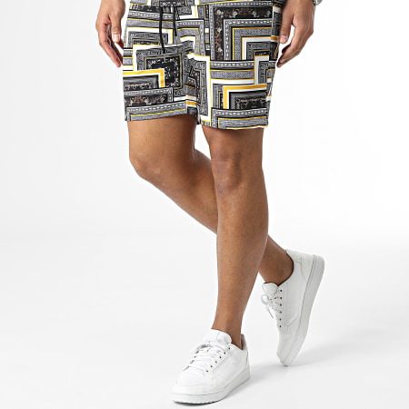 Frilivin - Set di maglietta nera, bianca e gialla e pantaloncini da jogging
