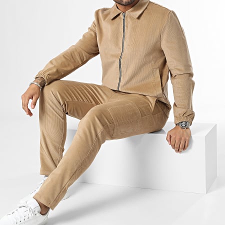 Aarhon - Conjunto de chaqueta con cremallera y pantalón cargo camel