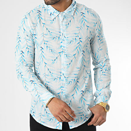 Frilivin - Camicia a maniche lunghe con fiori bianchi e blu cielo