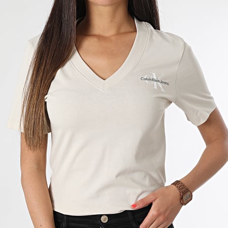 Calvin Klein - Camiseta cuello pico mujer 1429 Beige