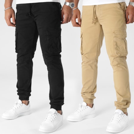 John H - Set di 2 pantaloni cargo nero cammello