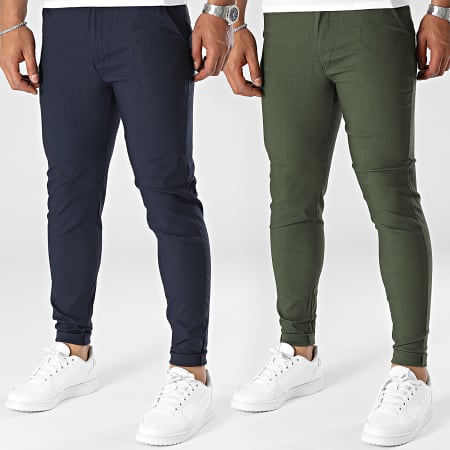 Frilivin - Set di 2 pantaloni chino verde cachi e blu