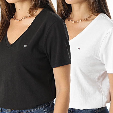 Tommy Jeans - Lot De 2 Tee Shirts Femme Col V Slim Soft 1458 Noir Blanc