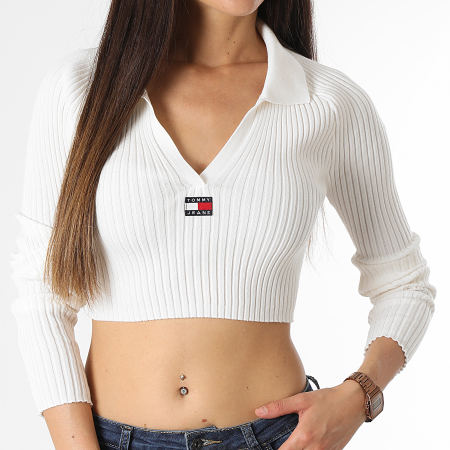 Tommy Jeans - Pull Crop Femme XS Badge 4950 Beige