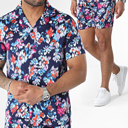 Frilivin - Set di camicia a maniche corte e pantaloncini da jogging blu navy viola