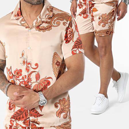 Frilivin - Conjunto Camisa Manga Corta Y Pantalón Corto Beige Floral