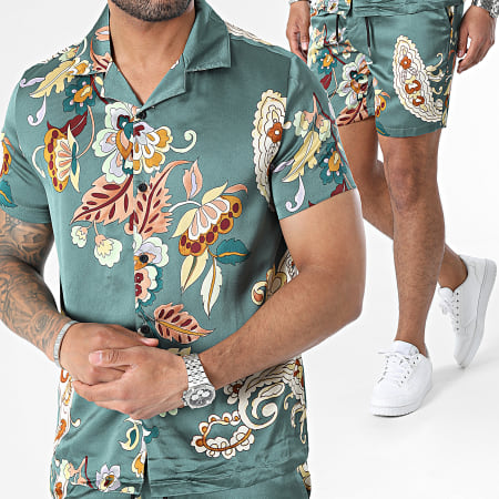 Frilivin - Camicia a maniche corte e pantaloncini da jogging verde con motivi floreali