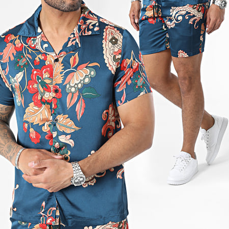 Frilivin - Set di camicia a maniche corte e pantaloncini da jogging blu navy con motivi floreali
