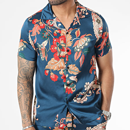 Frilivin - Set di camicia a maniche corte e pantaloncini da jogging blu navy con motivi floreali