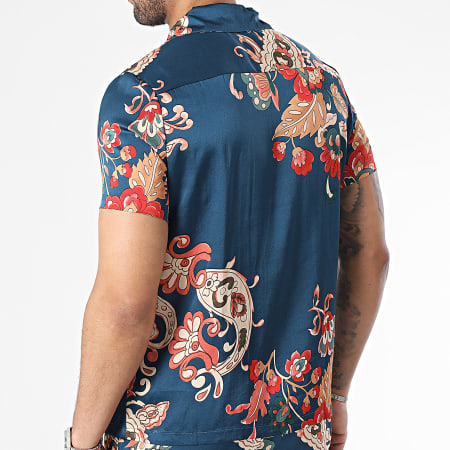 Frilivin - Conjunto de camisa de manga corta y pantalón corto azul marino con estampado floral
