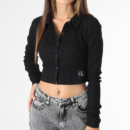 Calvin Klein - Top a maniche lunghe da donna a costine allungate Badge 1428 nero