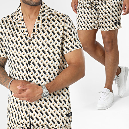 Zelys Paris - Set camicia a maniche corte e pantaloncini da jogging beige e neri