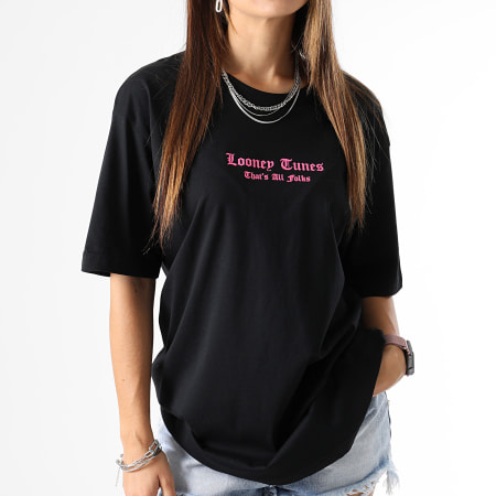 Looney Tunes - Tee Shirt Oversize Large Femme Angry Taz Noir Rose Fluo