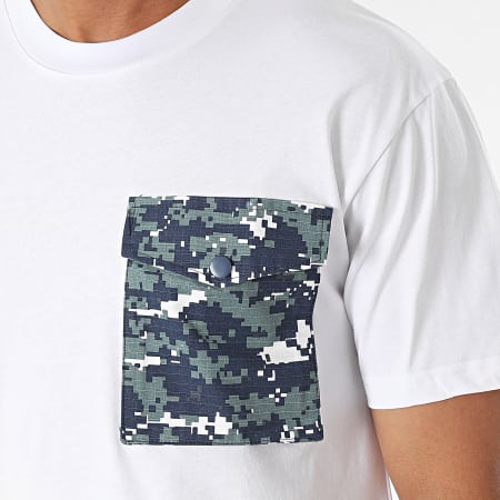 John H - Tee Shirt Poche Blanc Bleu Marine Camouflage