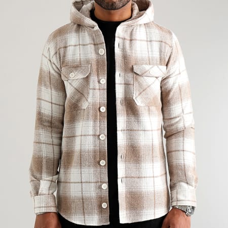 LBO - Beige Blanco 3046 Camisa de cuadros con capucha