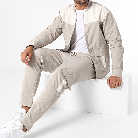 Frilivin - Conjunto de chaqueta beige claro con cremallera y pantalón cargo