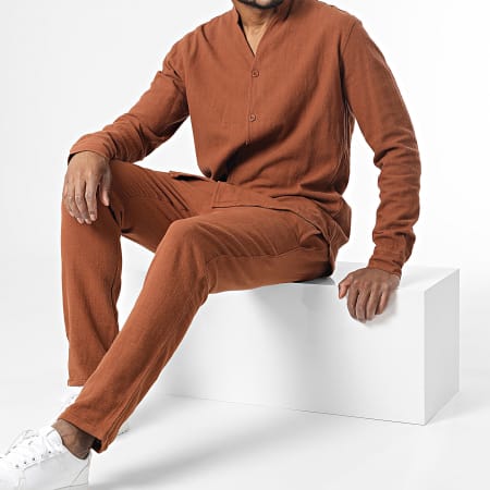 Frilivin - Conjunto marrón de camisa de manga larga y pantalón