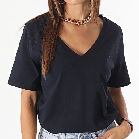Tommy Jeans - Camiseta de mujer Modern Regular con cuello en V 9781 Azul marino