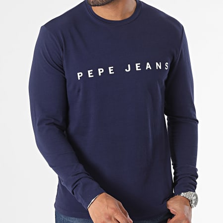 Pepe Jeans - Camiseta de manga larga con logotipo azul marino