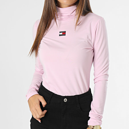 Tommy Jeans - Tee Shirt Manches Longues Col Roulé Femme XS Badge 6495 Rose