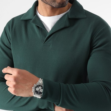 LBO - Pull Col Polo Texturé Waffle 0600 Vert Bouteille