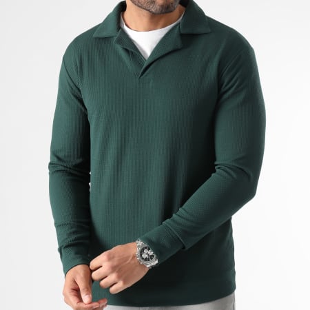LBO - Pull Col Polo Texturé Waffle 0600 Vert Bouteille