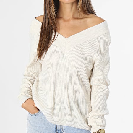 Only - Pull Col V Femme New Tessa Beige Chiné