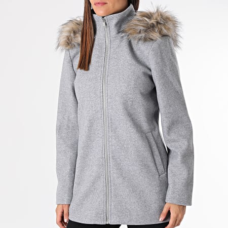 Only - Nuova giacca Erica da donna con cappuccio e zip in pelliccia grigio erica