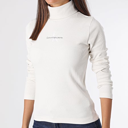Calvin Klein - Camiseta de manga larga y cuello alto para mujer 2024 Beige