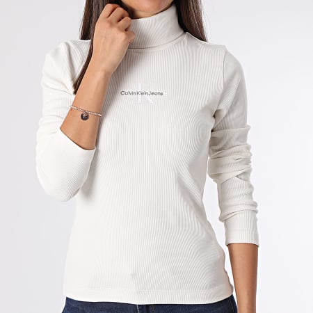 Calvin Klein - Camiseta de manga larga y cuello alto para mujer 2024 Beige