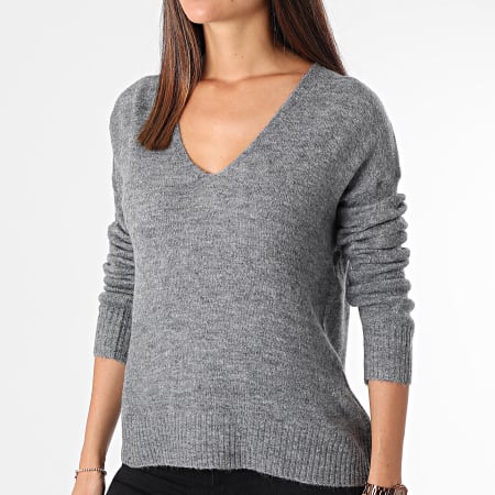 Only - Pull Col V Femme Nora Gris Anthracite Chiné