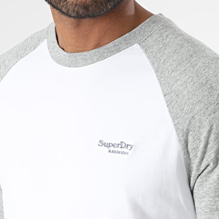 Superdry - Tee Shirt Raglan Essential Logo Baseball Blanc Gris Chiné